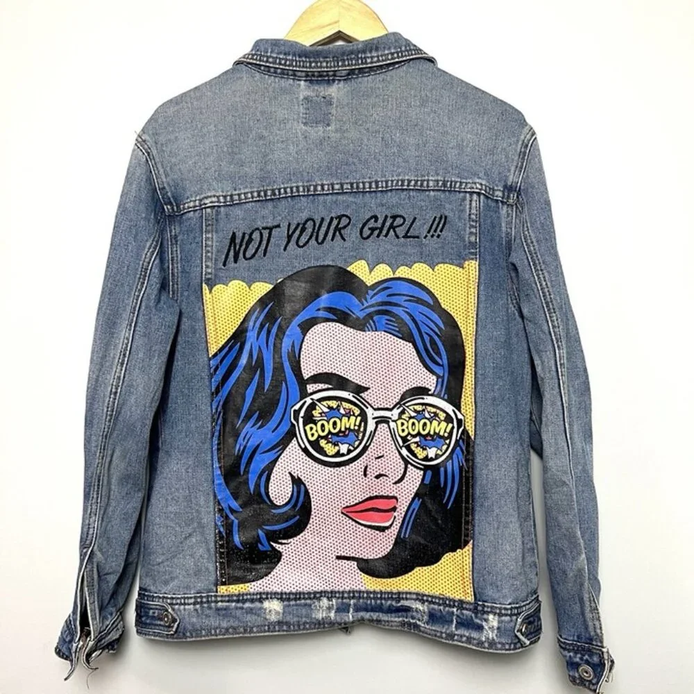 Boom Boom Jean‎ Jacket Sz M Not Your Girl Graphic Denim Distressed Pop Art Comic